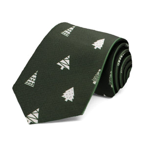 A dark green boys tie with white decorated Christmas trees scattered throughout