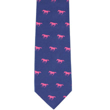 Load image into Gallery viewer, The front of a boys&#39; blue tie with a pink horse pattern