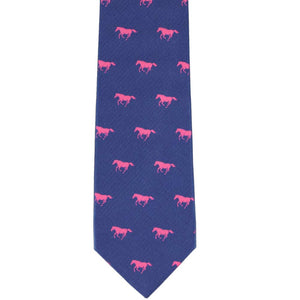 The front of a boys' blue tie with a pink horse pattern