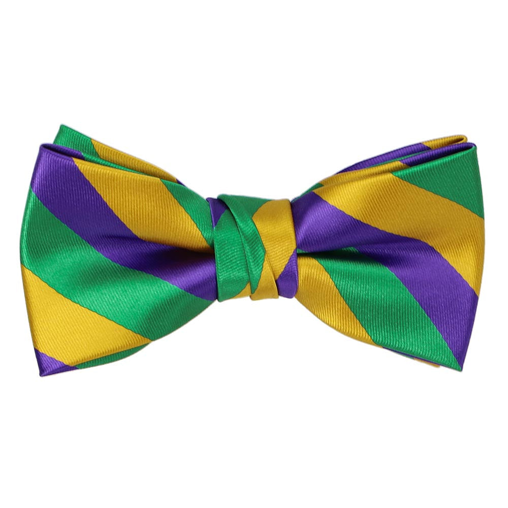 A kelly green, dark purple and gold striped boys' bow tie