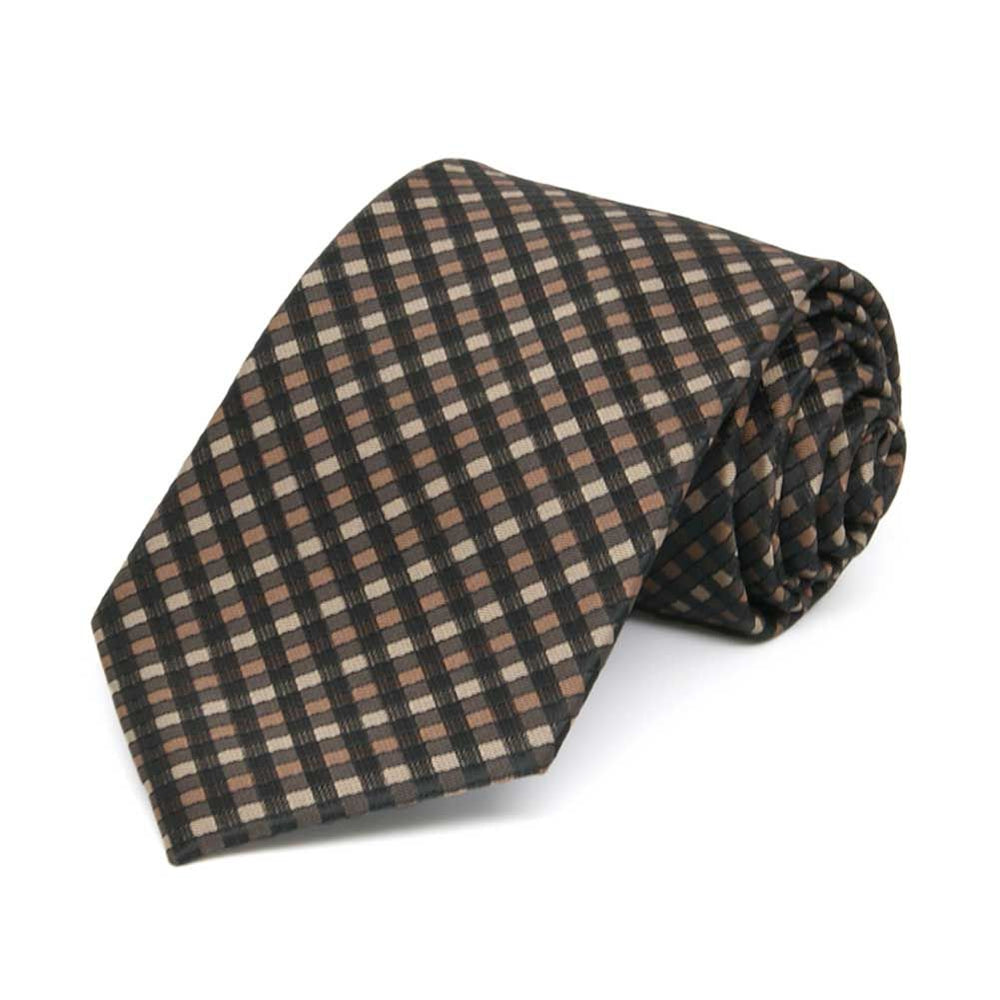 Boys' brown and black plaid tie, rolled to show texture