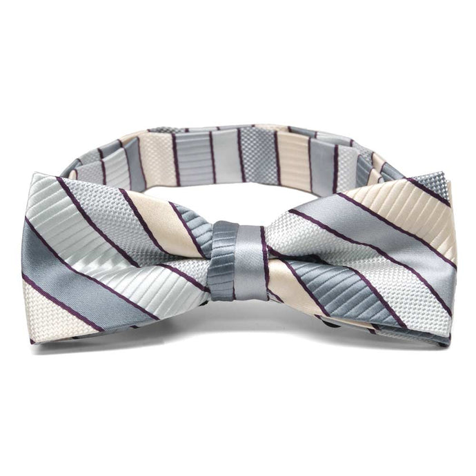 Front view of a light silver and cream striped boys' bow tie
