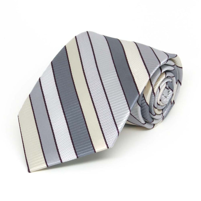 Rolled view of a light silver and cream striped boys' necktie