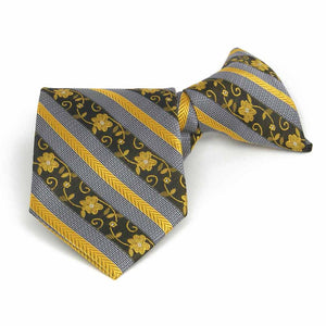 Folded front view of a black and yellow floral stripe boys' clip-on style tie
