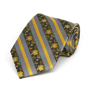 Rolled view of a black and yellow floral stripe boys' necktie
