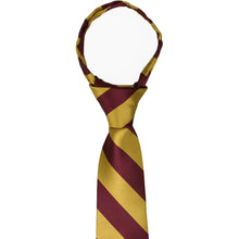 Load image into Gallery viewer, The knot and collar on a maroon and gold striped zipper tie
