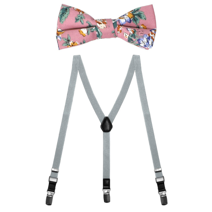 A mauve floral bow tie with solid gray suspenders in kid sizes