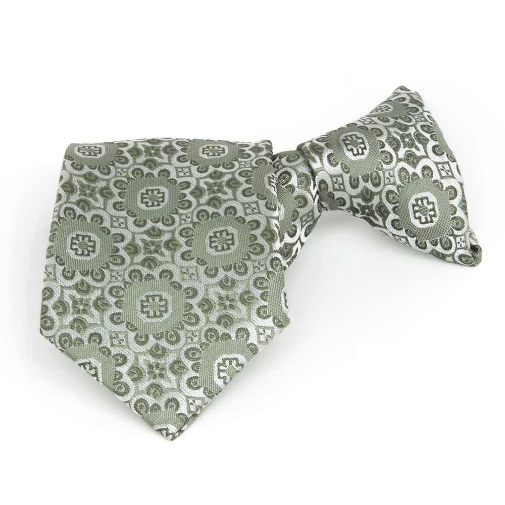 Front folded view of a mint green floral pattern boys' clip-on style tie