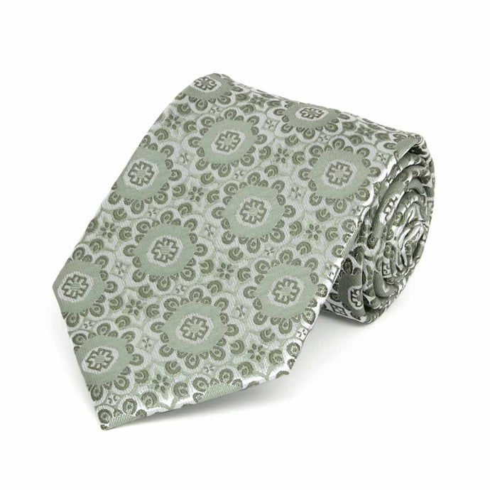 Rolled view of a mint green floral pattern boys' necktie