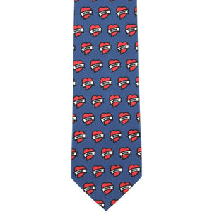 The front of a blue tie with a mom tattoo heart pattern