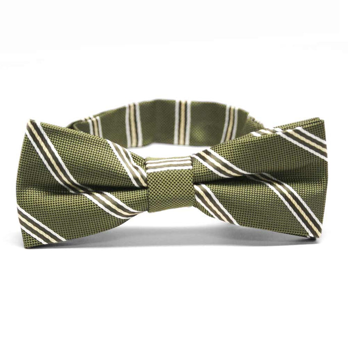 Moss green and white striped boys' bow tie, front view