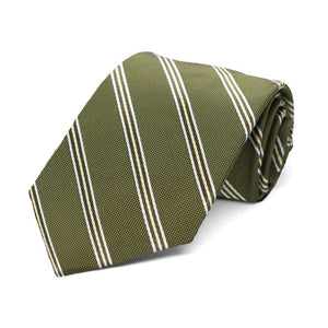 Moss green and white striped boys' necktie, rolled to show texture up close