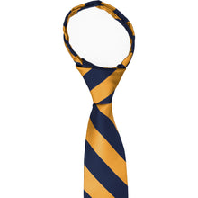 Load image into Gallery viewer, Knot and collar on a navy blue and gold bar striped zipper tie