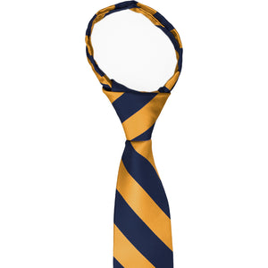 Knot and collar on a navy blue and gold bar striped zipper tie