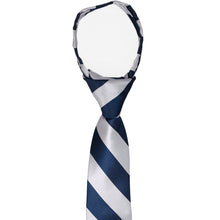 Load image into Gallery viewer, The knot and collar view on a boys&#39; navy blue and silver striped zipper tie