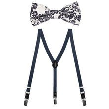 Load image into Gallery viewer, A boys&#39; navy blue and white floral bow tie paired with navy solid suspenders