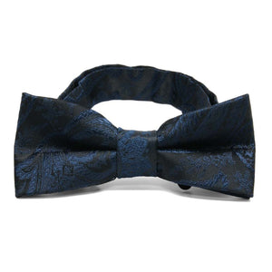 Boys' navy blue paisley bow tie, close up front view