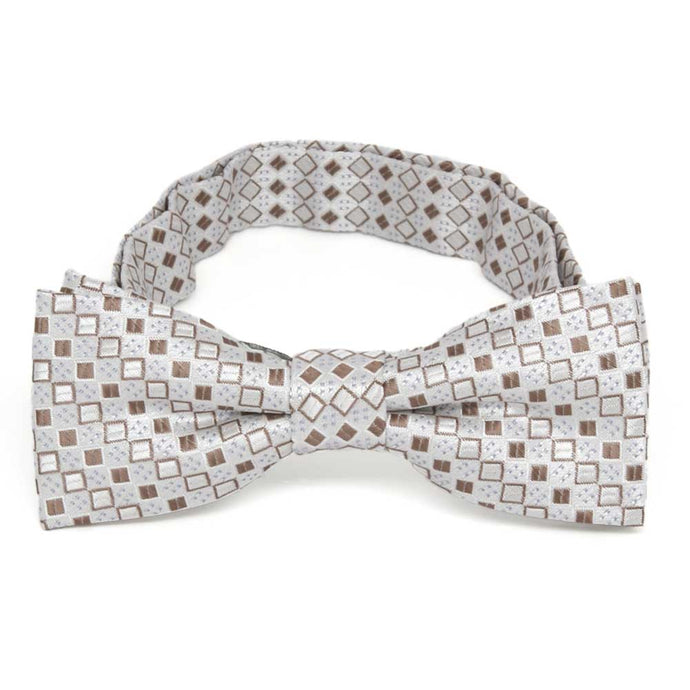 Tan and brown square pattern boys' bow tie, front view