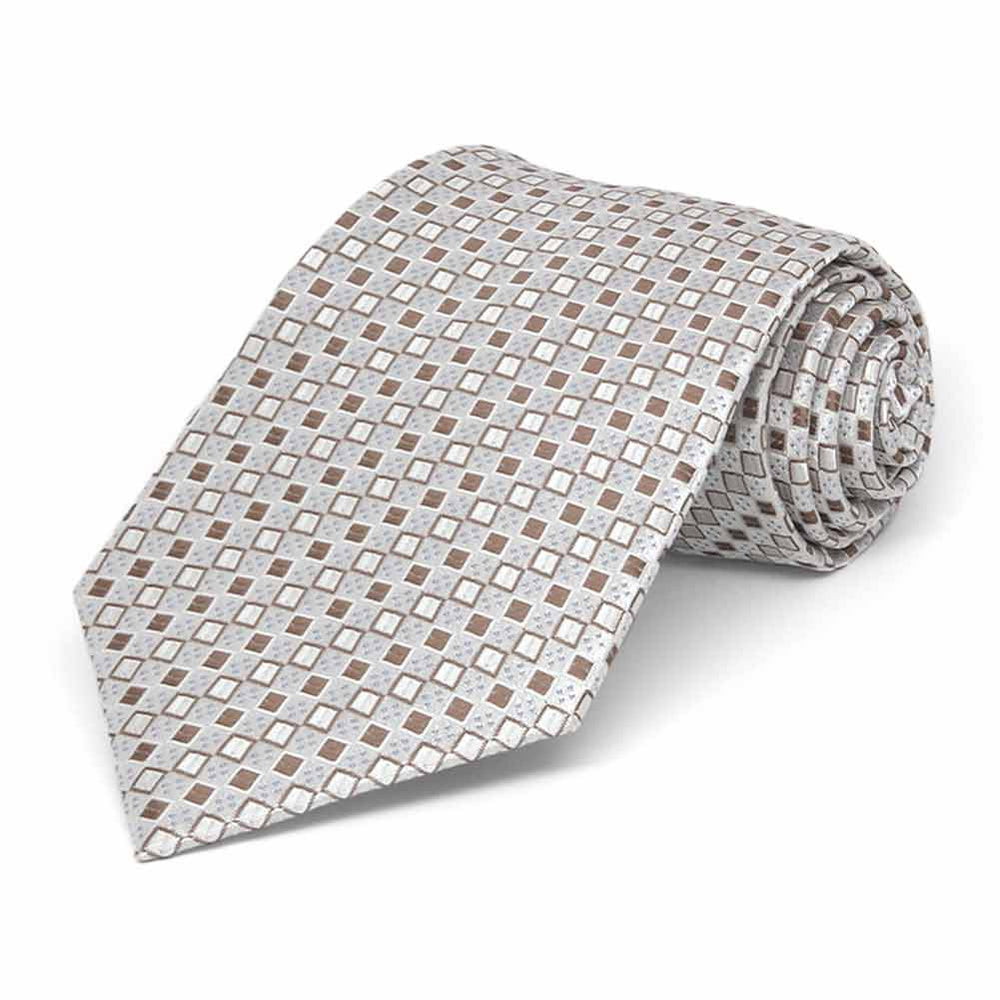 Tan and brown square pattern boys' necktie, rolled view