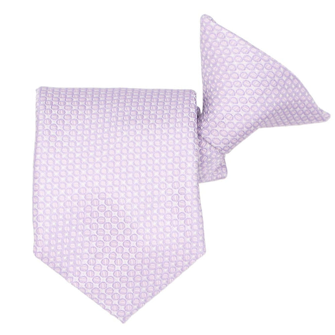 Light purple circle pattern boys' clip-on style tie, folded front view  Edit alt text