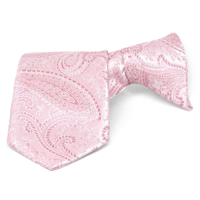 Boys' light pink paisley clip-on tie, folded front view