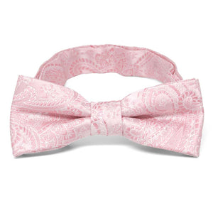 Boys' light pink paisley bow tie, close up front view