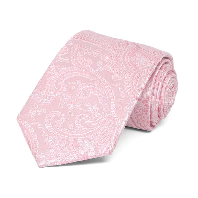 Boys' light pink paisley necktie, rolled to show texture up close