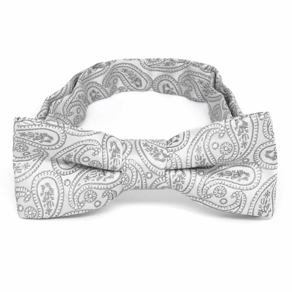 Pale silver paisley boys' bow tie, front view