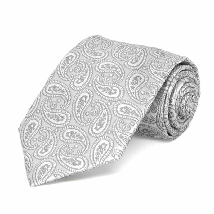 Boys' pale silver paisley necktie, rolled to show pattern up close