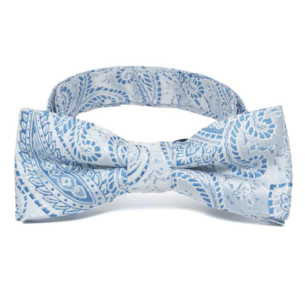 Boys' light blue paisley bow tie, close up front view