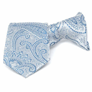 Boys' light blue paisley clip-on tie, folded front view