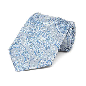 Boys' light blue paisley necktie, rolled to show pattern