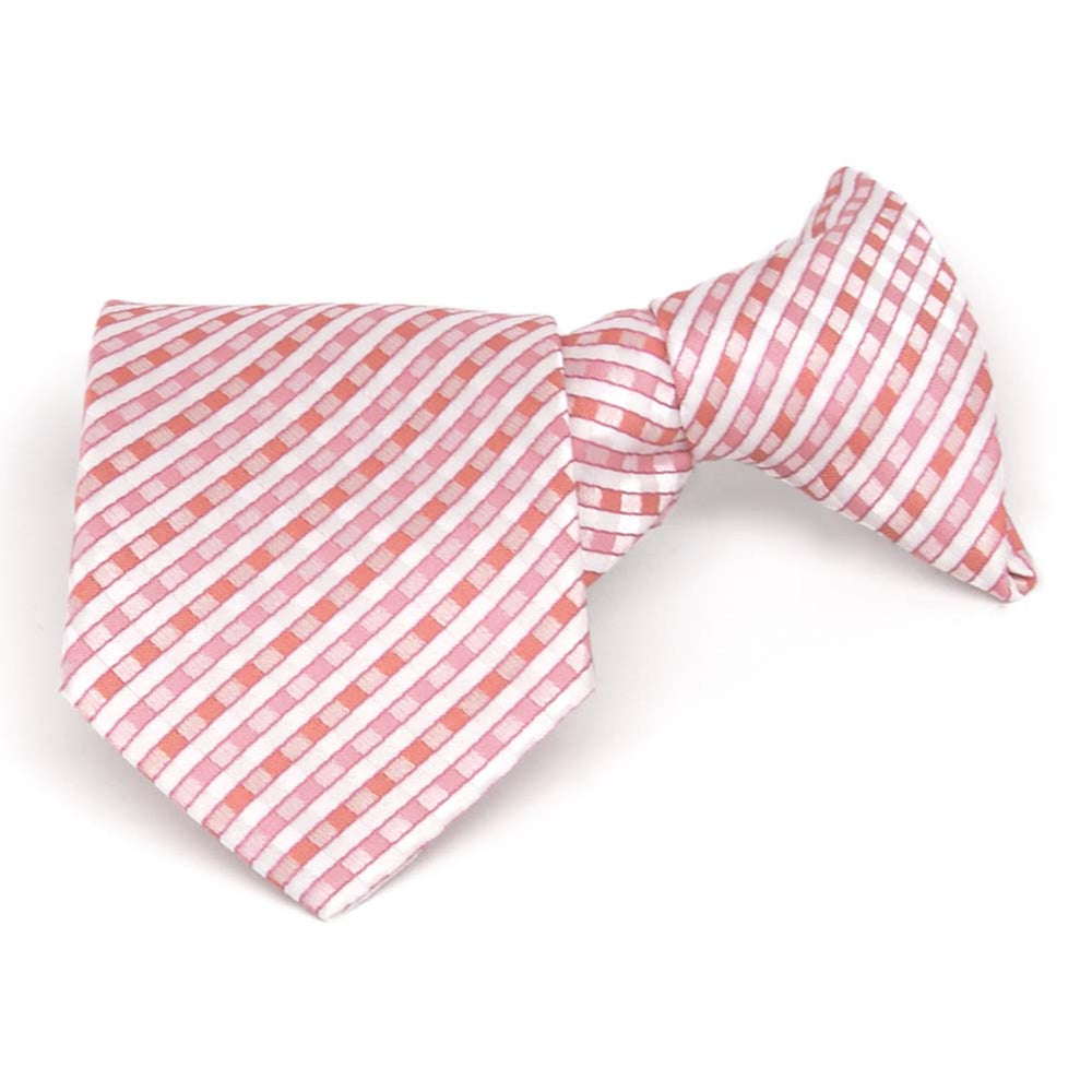 Boys' pink and white plaid clip-on tie, folded front view