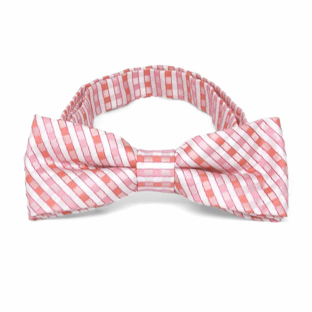 Boys' pink and white plaid bow tie, front view