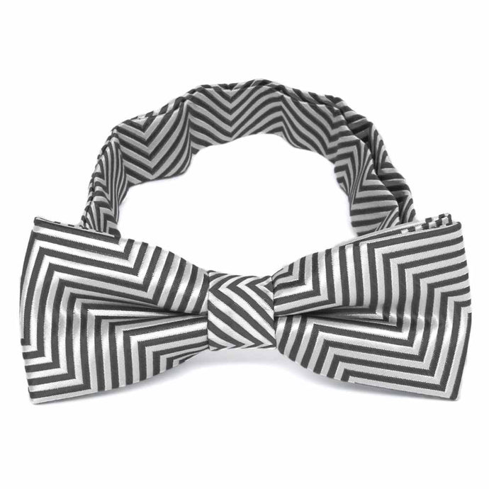 Front view of a boys' gray and white chevron pattern bow tie