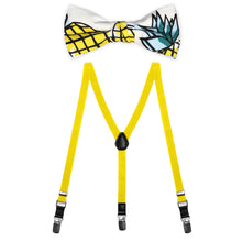 Load image into Gallery viewer, A pineapple kid-size bow tie paired with bright yellow suspenders