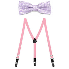 Load image into Gallery viewer, A boys&#39; set of pink skinny suspenders and purple paisley bow tie