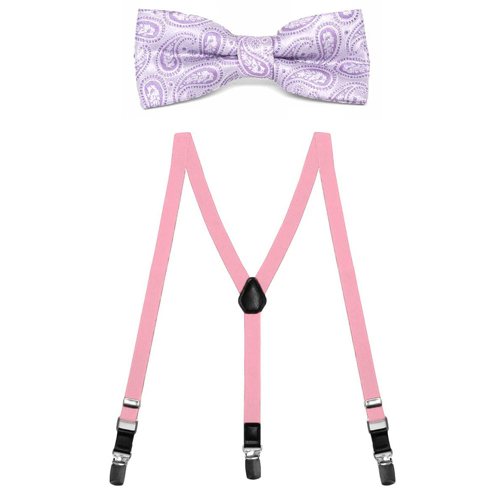 A boys' set of pink skinny suspenders and purple paisley bow tie