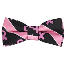 Load image into Gallery viewer, A pink and black striped pink ribbon bow tie in a child&#39;s size