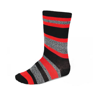 Boys' classic colors red, gray and black crew height striped socks.