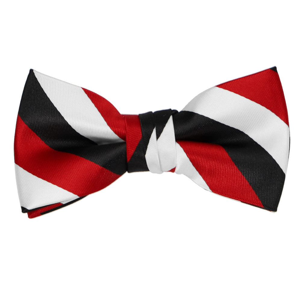 A black, red and white striped boys bow tie