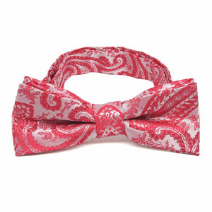 Boys' red paisley bow tie, close up front view