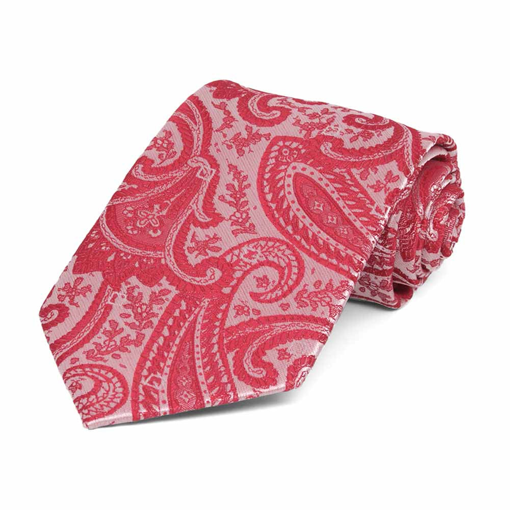 Boys' red paisley necktie, rolled to show pattern