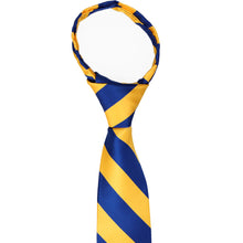 Load image into Gallery viewer, The knot and collar on a boys royal blue and golden yellow zipper tie