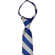 Load image into Gallery viewer, The knot and collar on a boys&#39; royal blue and silver striped zipper tie