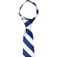 Load image into Gallery viewer, The collar and knot on a royal blue and white striped zipper tie