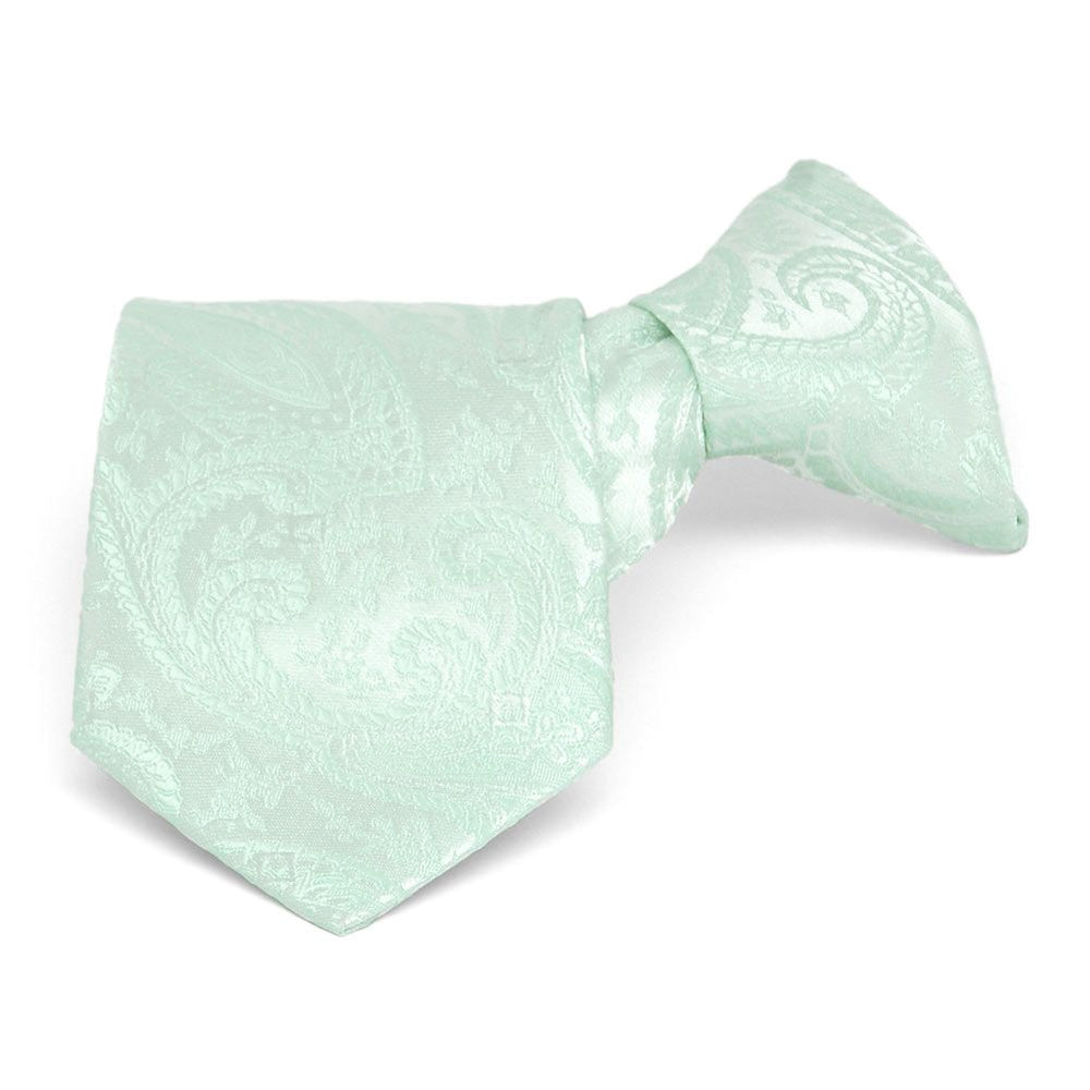 Boys' seafoam paisley clip-on tie, folded front view