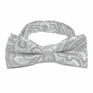 Boys' silver paisley bow tie, close up front view