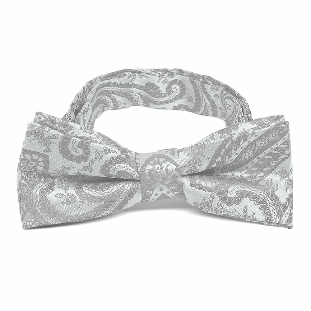Boys' silver paisley bow tie, close up front view
