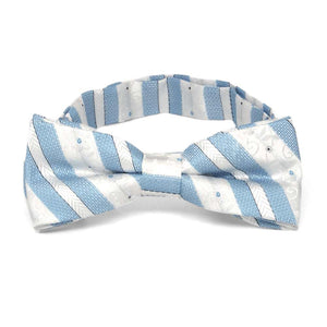 Front view of a blue and white floral stripe boys' bow tie